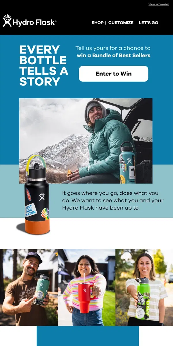 Email from Hydro Flask. Tell your story. WIN free Hydro Flasks.