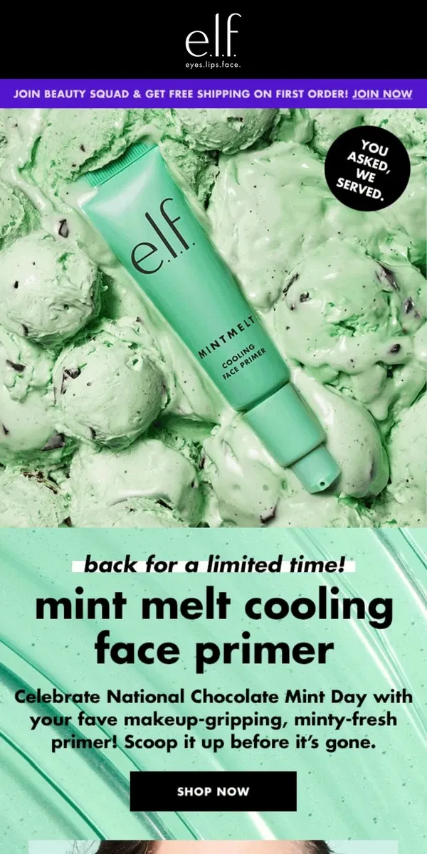 Email from e.l.f.. IT’S BACK! Mint Melt Cooling Face Primer 💚