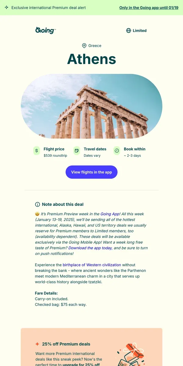 Email from Going. 🤩 *Premium* Athens —  $539 (Mar-Apr / Nov)