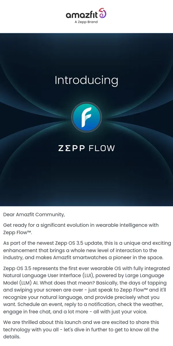 Email from Amazfit. Introducing Zepp OS 3.5 and Zepp Flow™! Now available in the US/Canada on Amazfit Balance