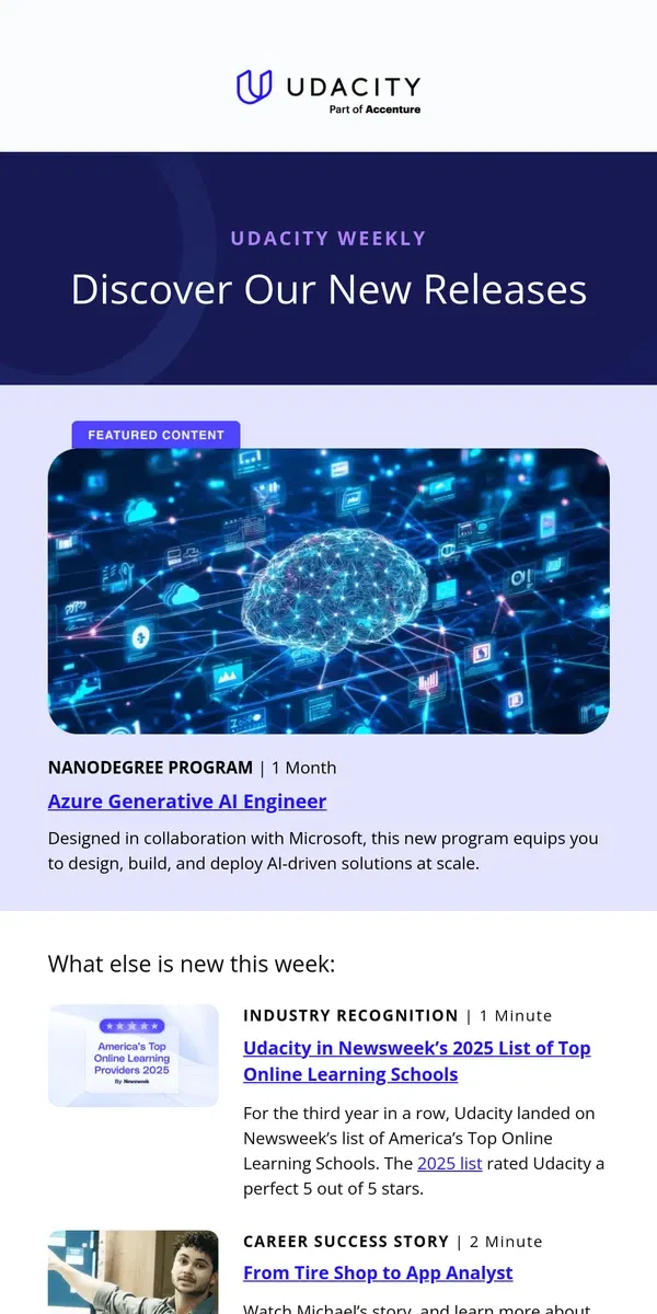 Email from Udacity. Udacity Weekly: New Courses and perspectives on AI