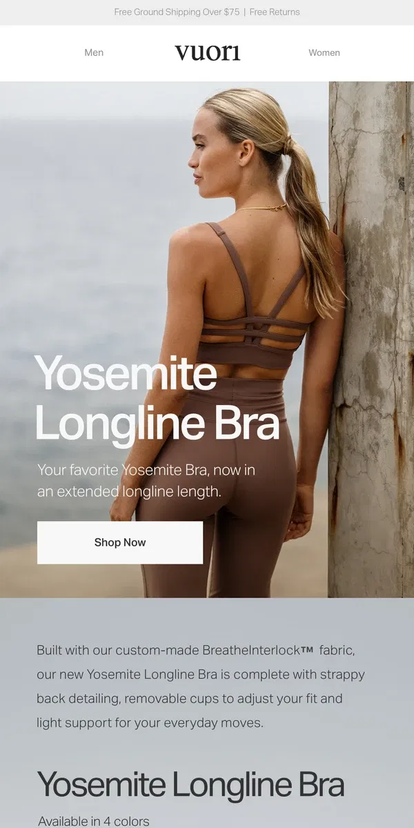 Email from Vuori. Our best-selling bra—now in a longer length