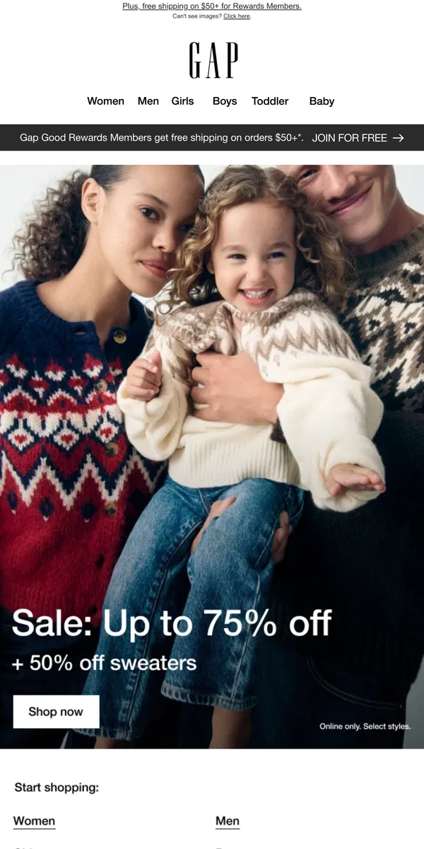 Email from GAP. Our best sweaters are 50% off + up to 75% off more deals