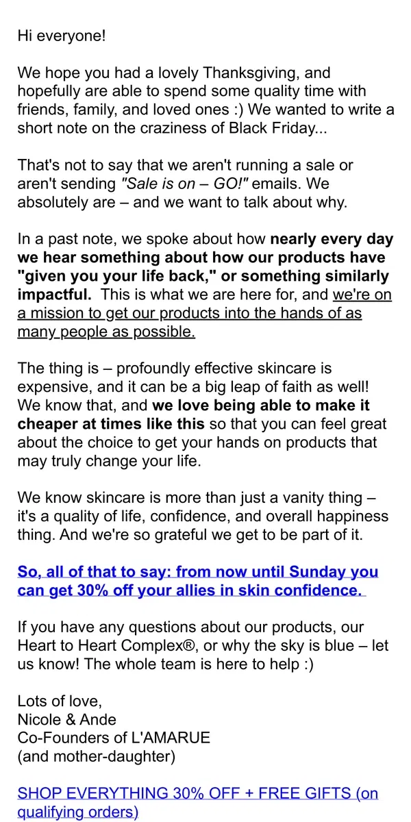 Email from L'AMARUE. A note on Black Friday :)