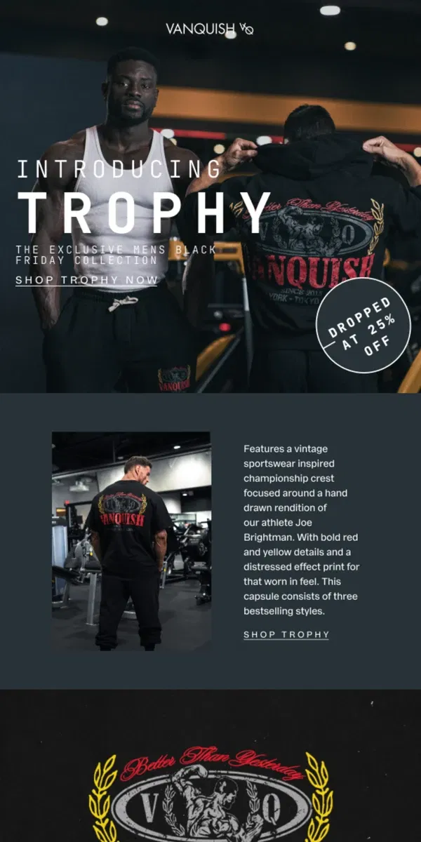 Email from Vanquish Fitness. BACK IN STOCK | 25% off: Trophy Collection.