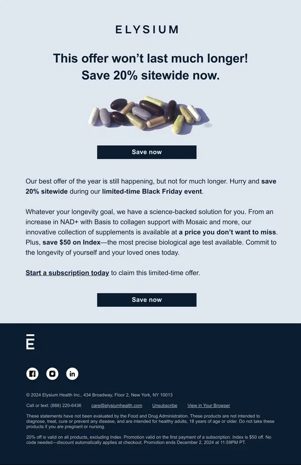 Email from Elysium Health. LIMITED TIME: Enjoy 20% off sitewide before it ends.