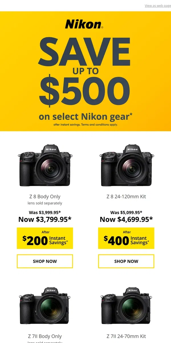 Email from Nikon. Save $200/$400/$500 on cameras!