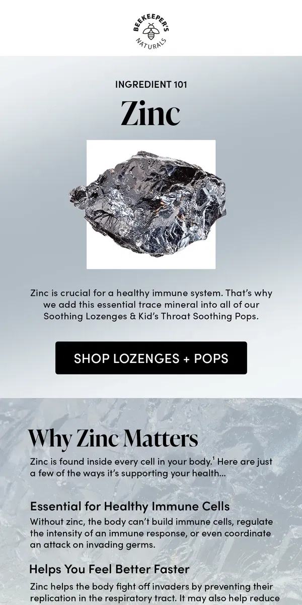 Email from Beekeeper's Naturals. Why Your Immune System Needs Zinc