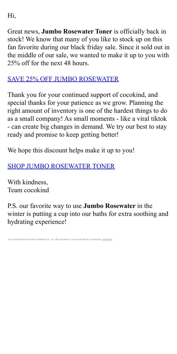 Email from cocokind. Jumbo Rosewater Toner is back in stock!