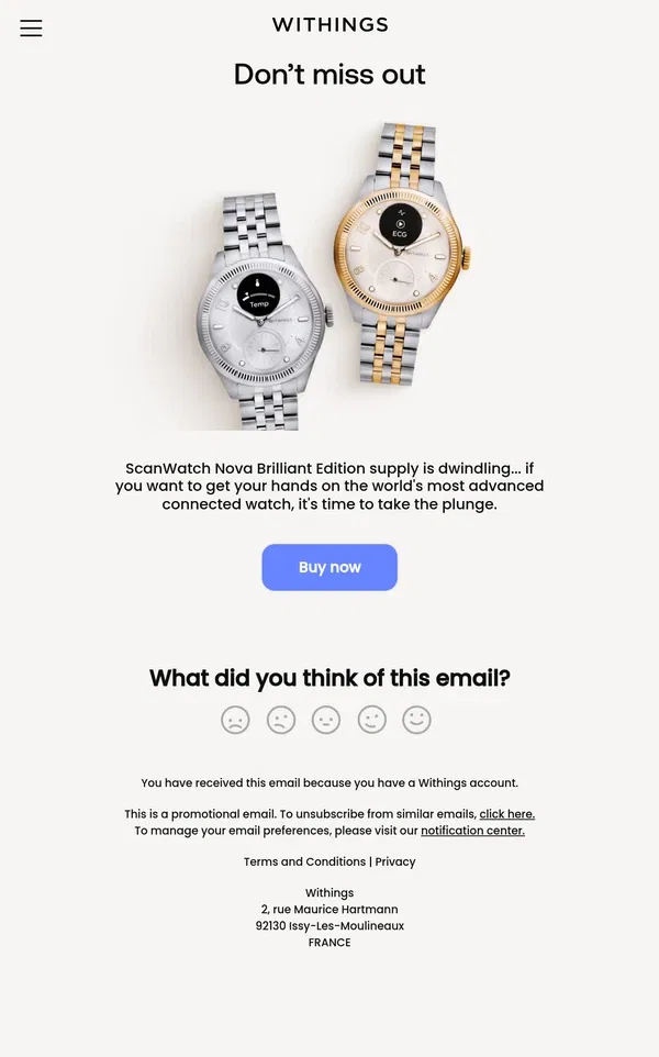 Email from Withings. Get your hands on ScanWatch Nova Brilliant Edition