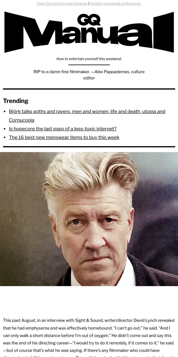 Email from GQ. The Weird-on-Top World of David Lynch