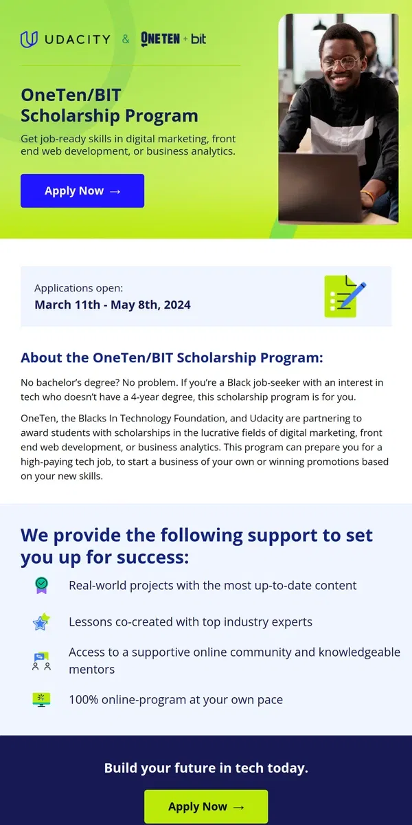 Email from Udacity. Apply now for the OneTen/BIT Scholarship