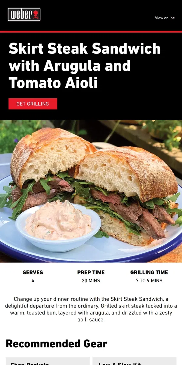 Email from Weber. Skirt Steak Sandwich for a Flavorful Change!