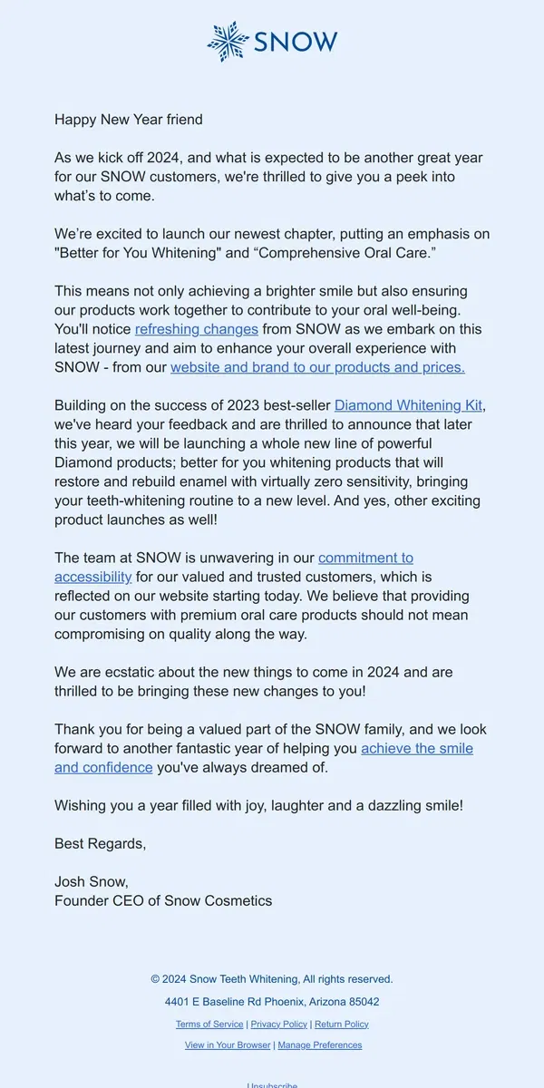 Email from Snow Teeth Whitening. 2024 UPDATE: Better for you whitening, better for you prices!