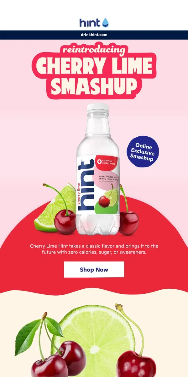 Email from Hint Water. Welcome back, Cherry Lime! 💥