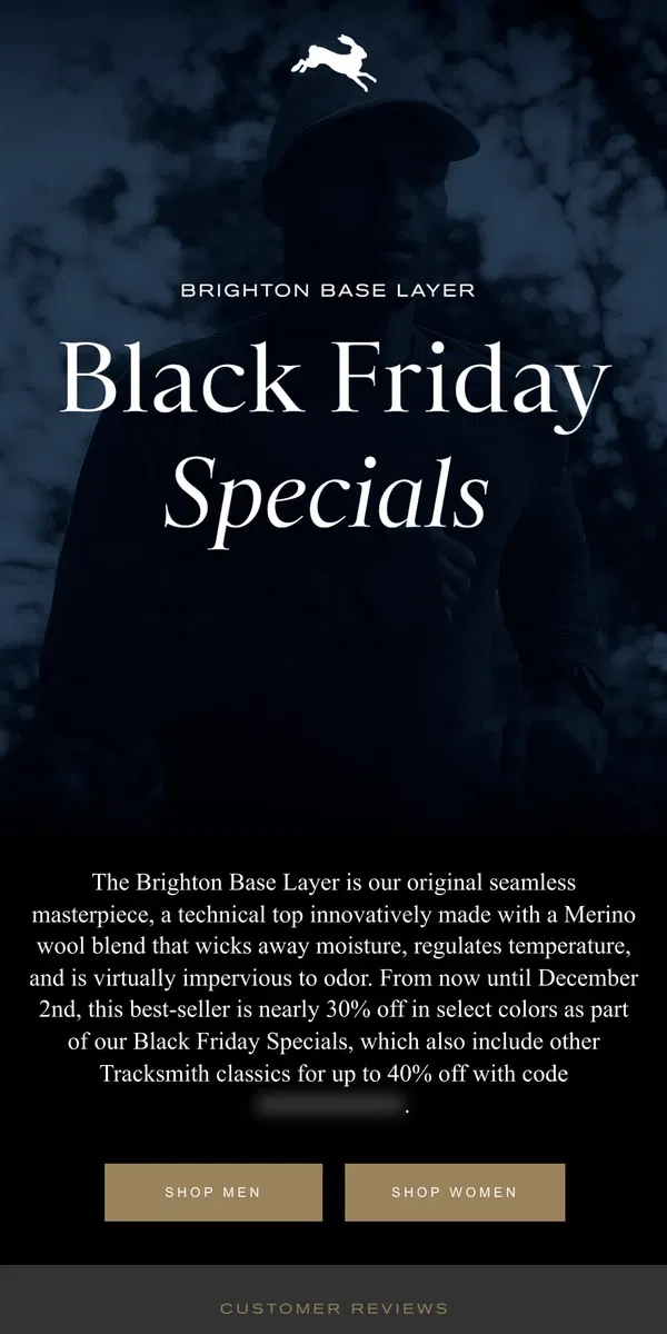 Email from Tracksmith. Black Friday Special: The Brighton Base Layer