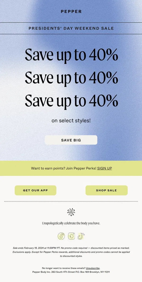 Email from Pepper. SALE: Up to 40% off