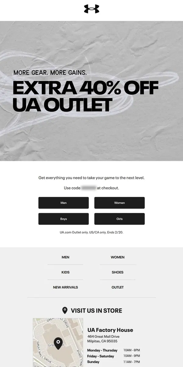 Email from Under Armour. It’s ON: Extra 40% off UA Outlet