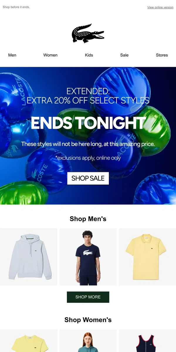 Email from Lacoste. Just For You, We Extended Our 20% Off Sale Items.