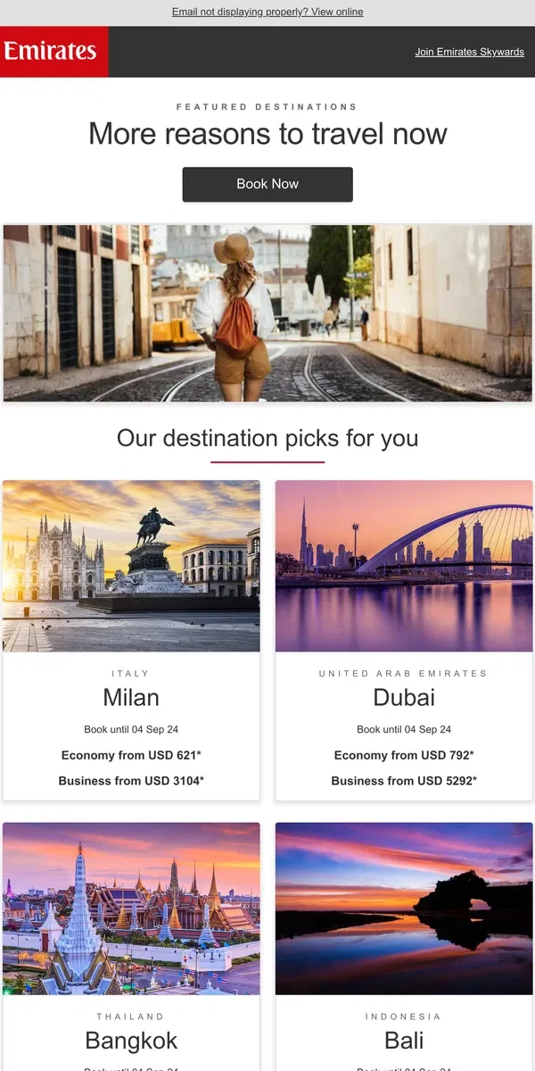 Email from Emirates. Where will you be on your next holiday?