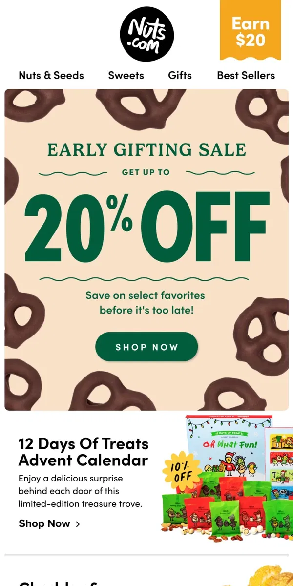 Email from Nuts.com. Early Gifting Sale: Up to 20% Off!