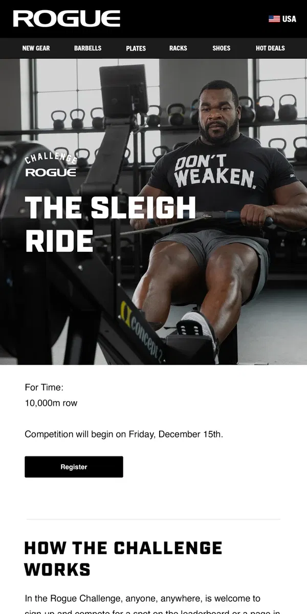 Email from Rogue Fitness. Registration is Now Open for The Sleigh Ride Challenge!