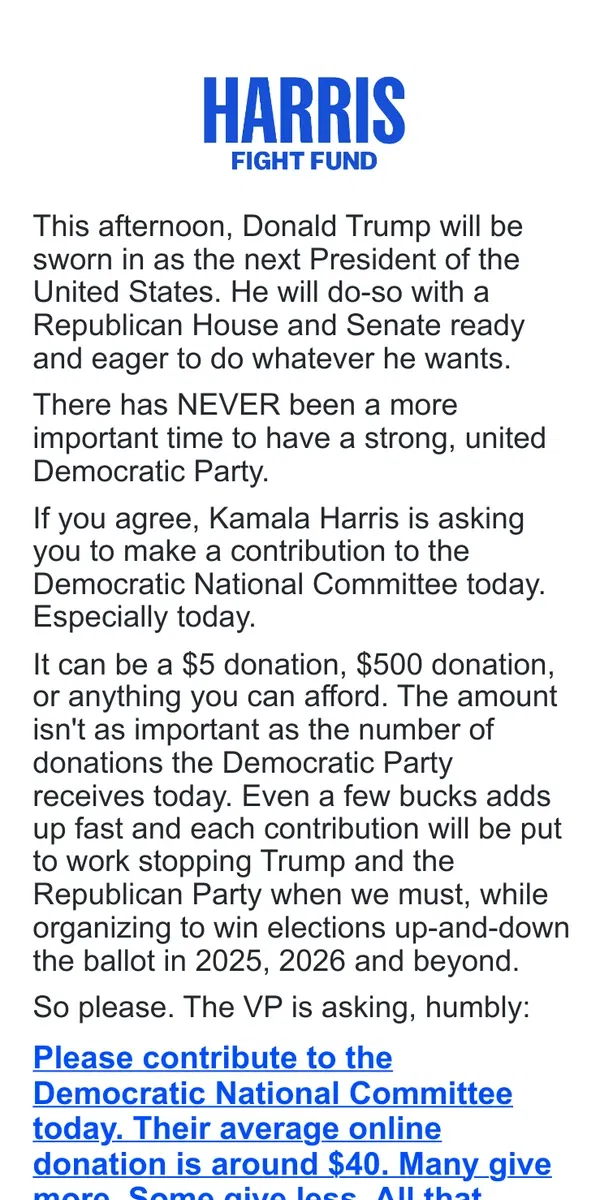 Email from Kamala Harris. Before Donald Trump is sworn in