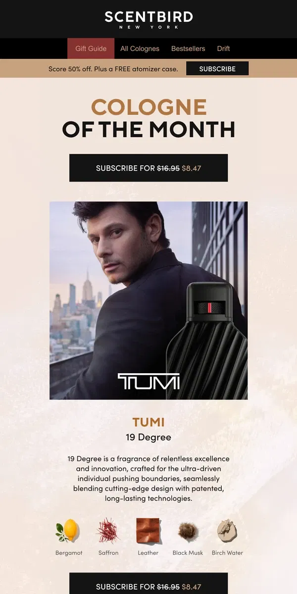 Email from Scentbird. Cologne of the Month: TUMI 19 Degree