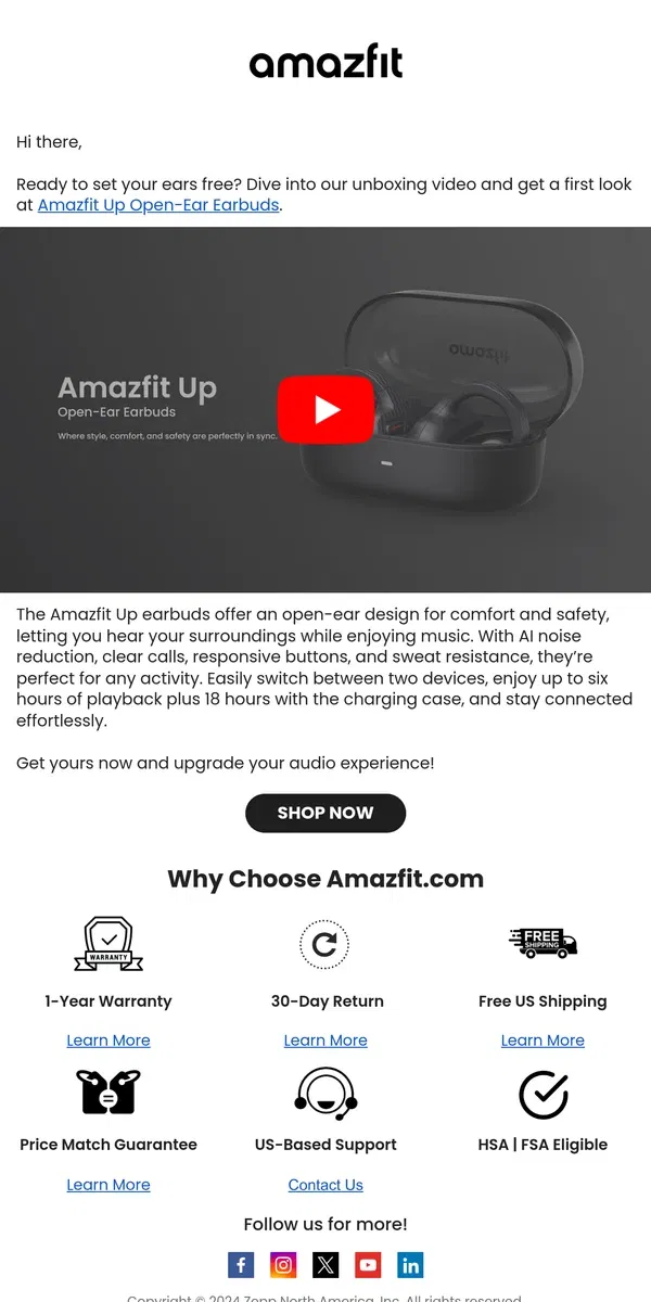 Email from Amazfit. Amazfit Up Open-Ear Earbuds Are Back in Stock - Comfort Meets Style!