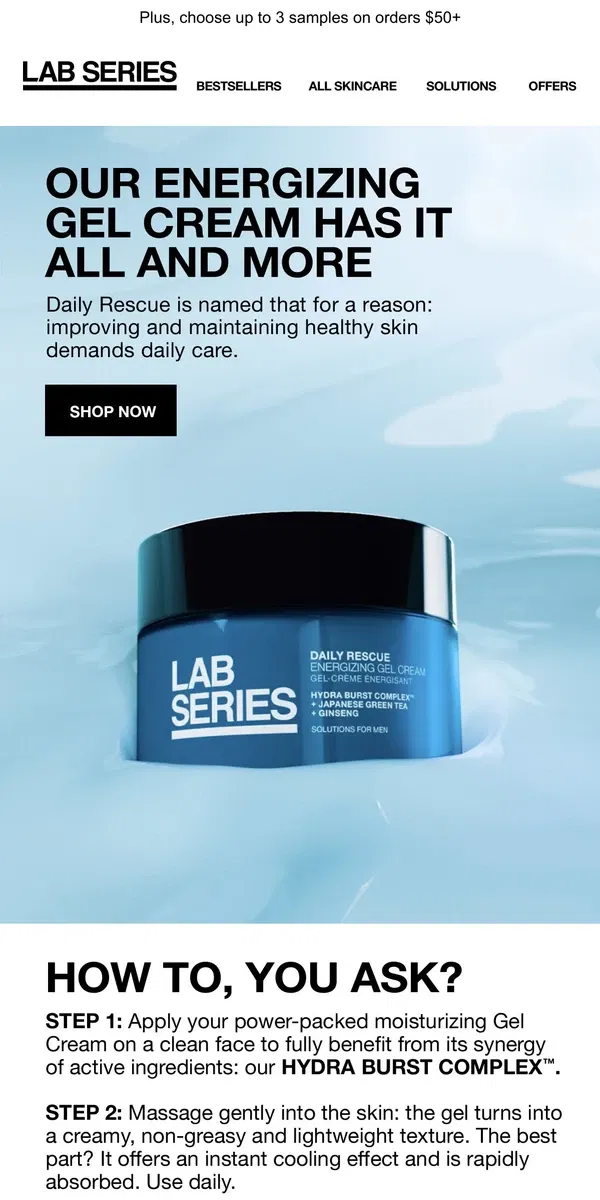 Email from Lab Series. A how-to guide for our Daily Rescue Energizing Gel Cream