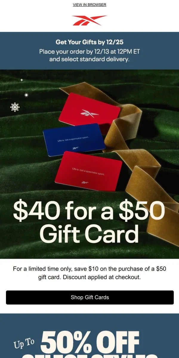 Email from Reebok. Buy a $50 gift card for just $40