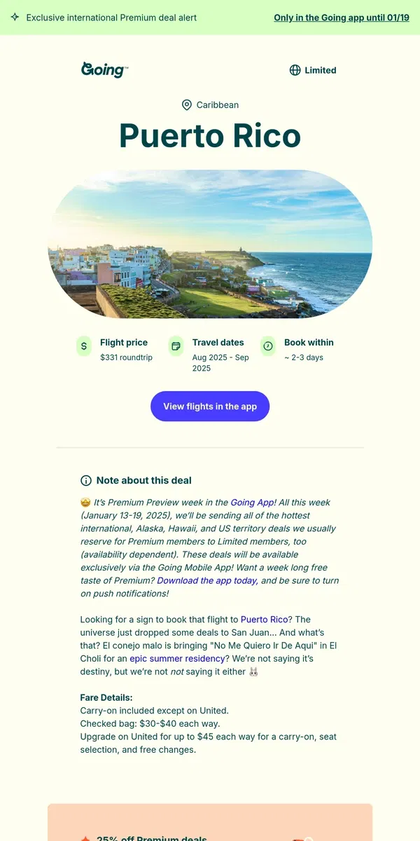 Email from Going. 🤩 *Premium* Puerto Rico —  $331 (Aug-Sep)