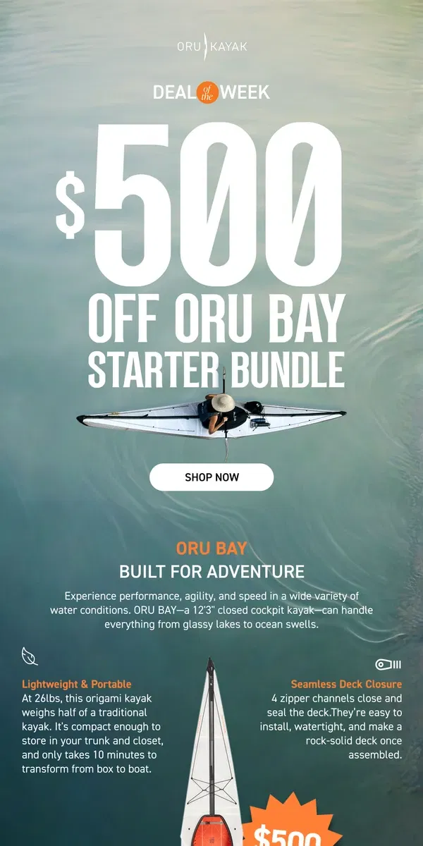 Email from Oru Kayak. Bay Watch: $500 OFF Bay Starter Bundle 🌊