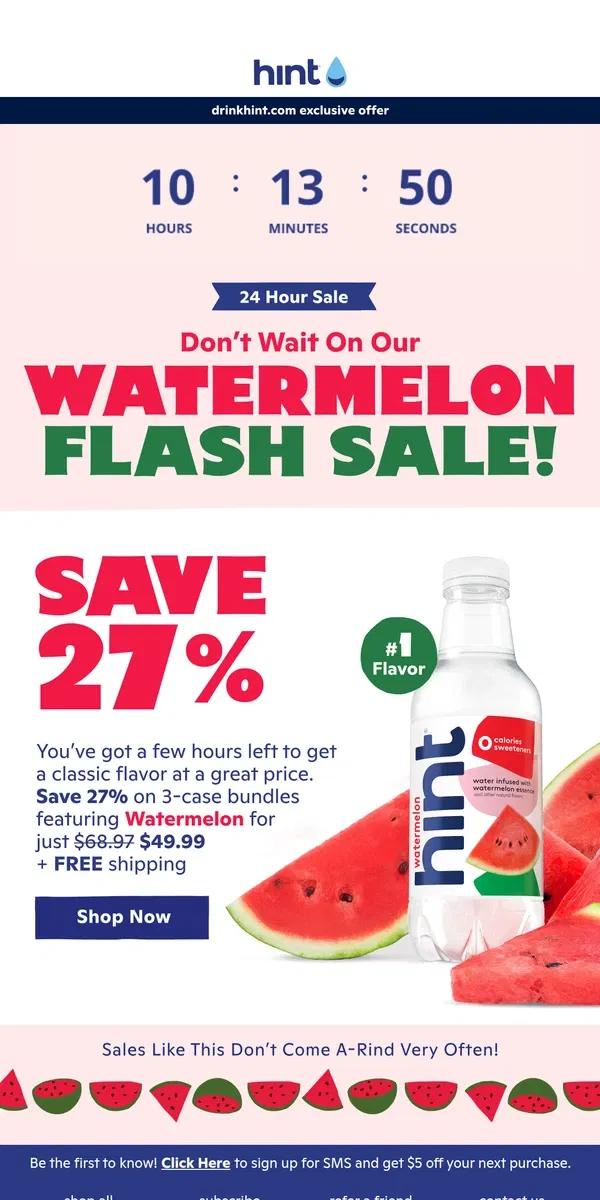 Email from Hint Water. Hours left for 27% off a fan-flavorite