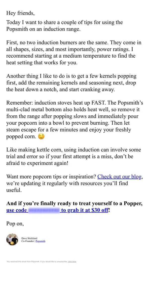 Email from Popsmith. Cooking popcorn on induction? Read this