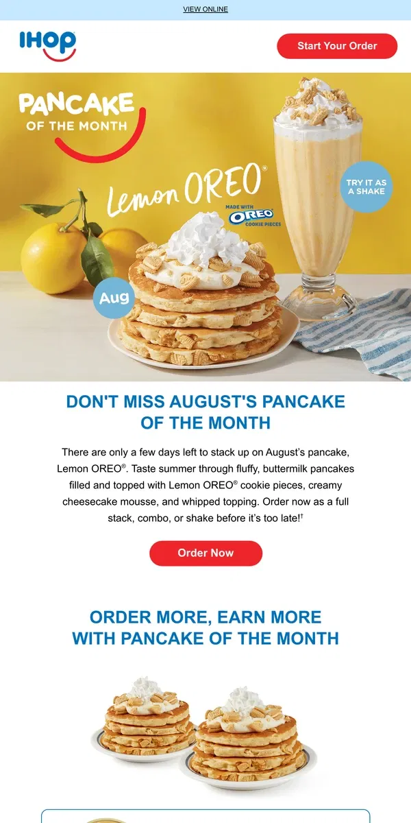 Email from IHOP. Last Chance to Try Lemon OREO® Pancakes🥞🍋