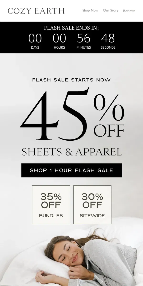 Email from Cozy Earth. 45% OFF SHEETS AND APPAREL ⏰