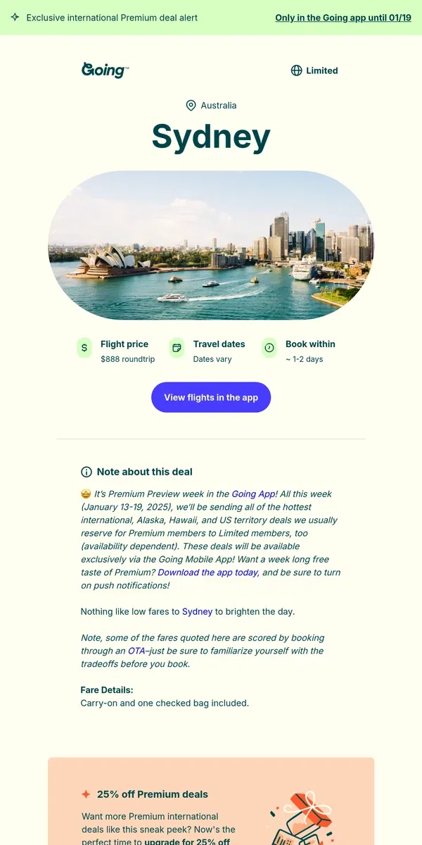 Email from Going. 🤩 *Premium* Sydney —  $888 (Feb-May / Sep-Nov)