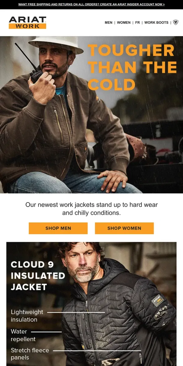 Email from Ariat. Keep Out the Cold in Rebar Work Jackets