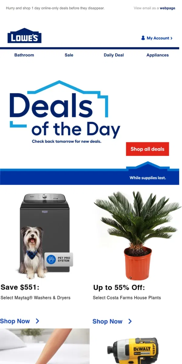 Email from Lowe's. LIMITED TIME deals, just for today.