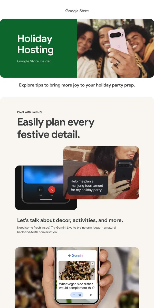 Email from Google Store. How to simplify holiday hosting on Pixel with Gemini