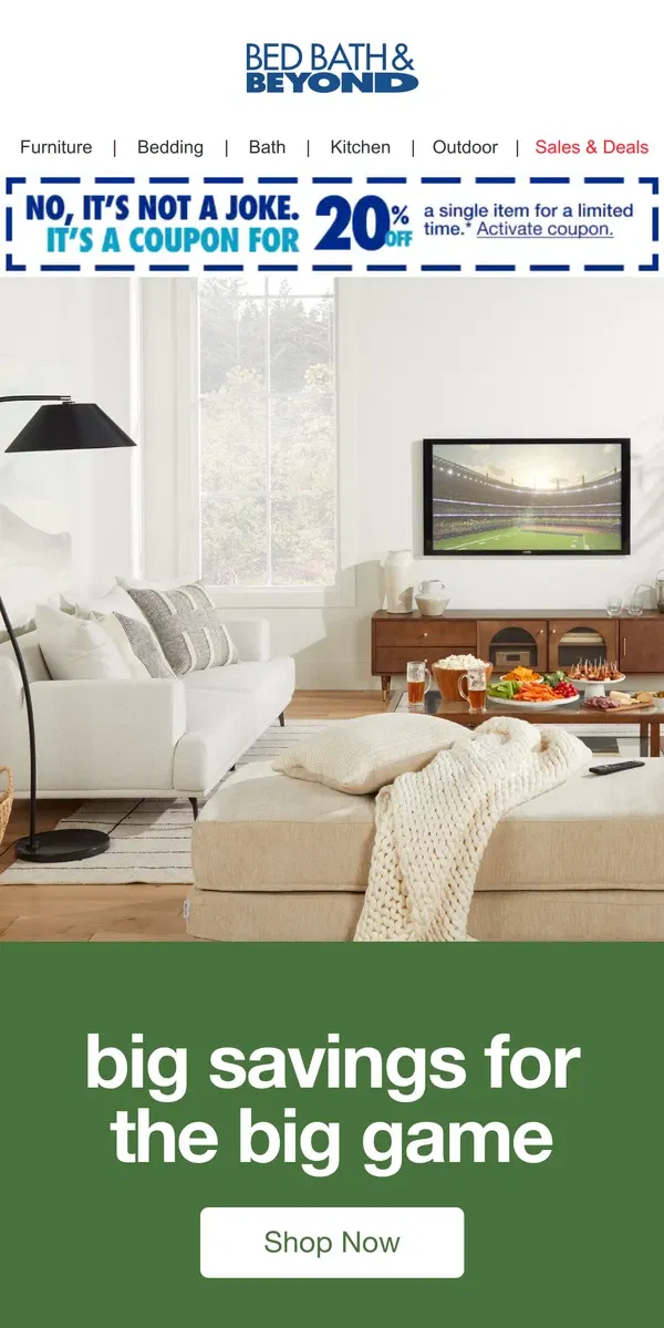 Email from Bed Bath & Beyond. Get Set for Game Day With Living Room Entertainment Upgrades 🏈 