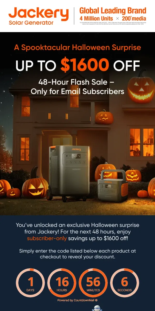 Email from Jackery. 🎃 A Spooktacular Surprise Just for You! Enjoy up to $1600 off!👻