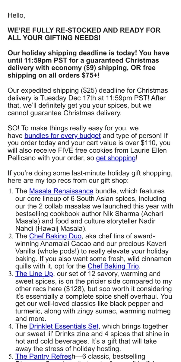 Email from Diaspora Co.. Last day for guaranteed Christmas delivery!