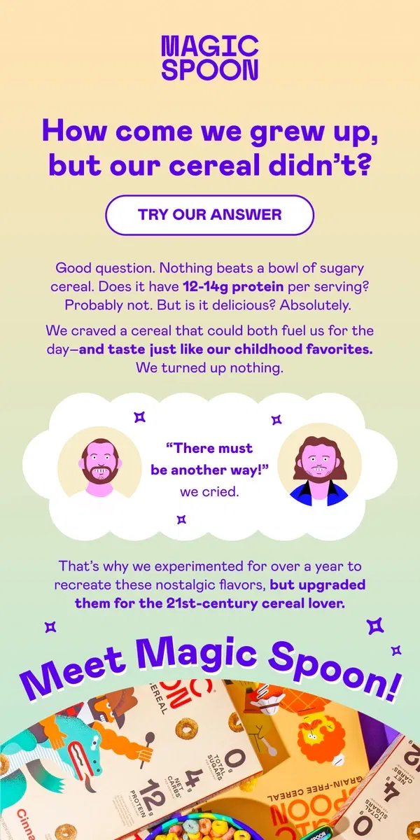 Email from Magic Spoon Cereal. A note from our founders