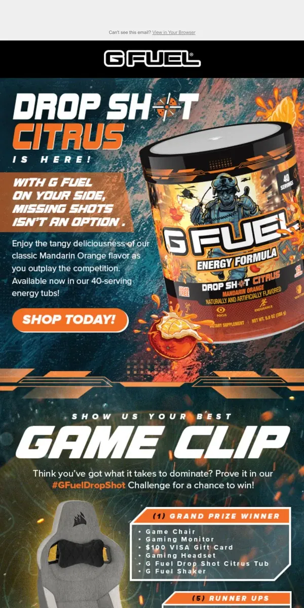 Email from G FUEL. Fuel Your Duels with Drop Shot Citrus!