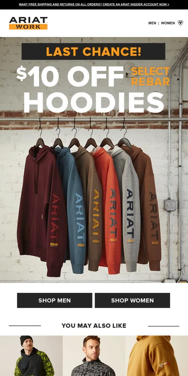 Email from Ariat. Want $10 Off Rebar Hoodies? Hurry, Time's Almost Up...