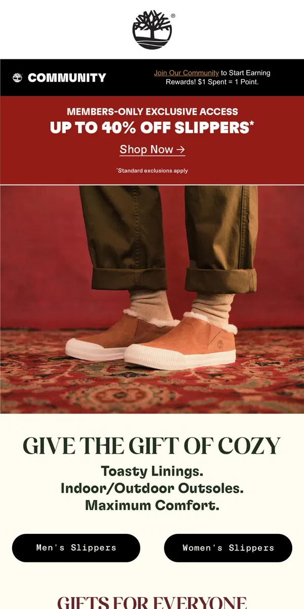 Email from Timberland. New Slippers: The Perfect Gift.