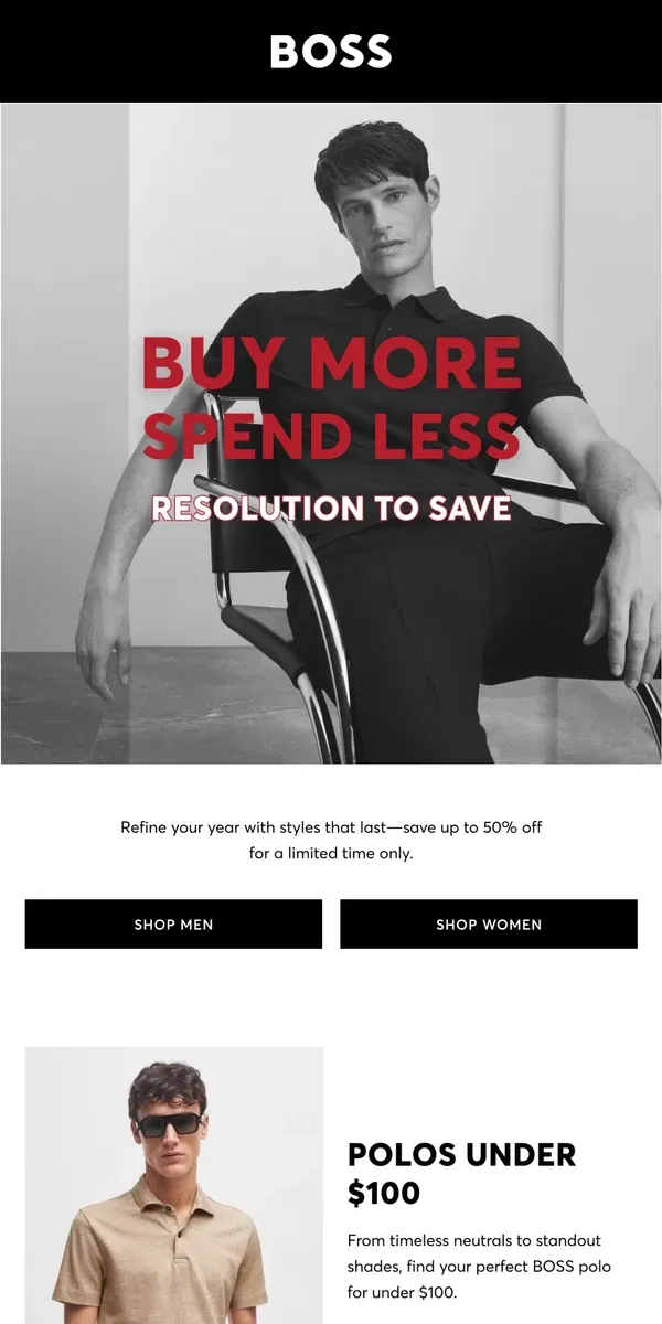 Email from HUGO BOSS. 2025 Resolution: Style More, Spend Less