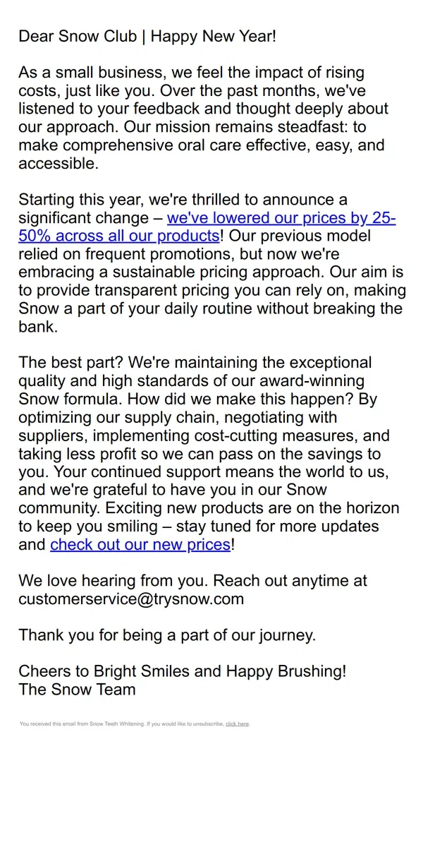 Email from Snow Teeth Whitening. Why we are reducing our prices in 2024❗️